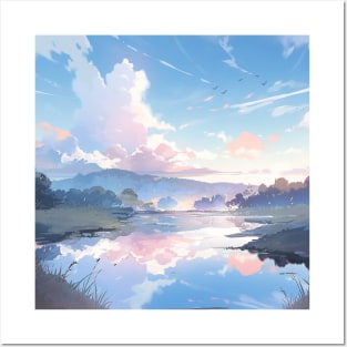 Sunset Landscape Lake Mountain Nature Anime Posters and Art